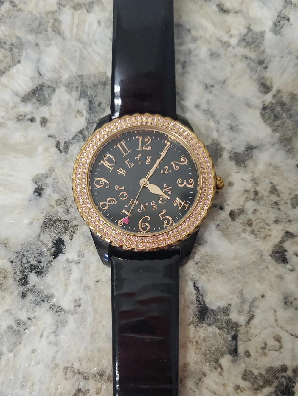BETSEY JOHNSON Women’s Black and Gold Crystal Accent Watch With Leather Band